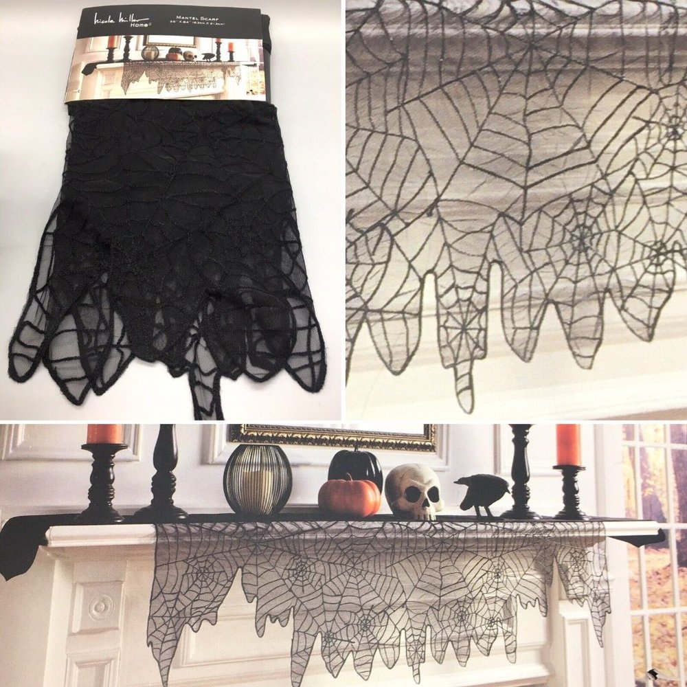 Nicole Miller Halloween Black Mesh Spiderweb Fireplace Mantel Scarf Designer NEW